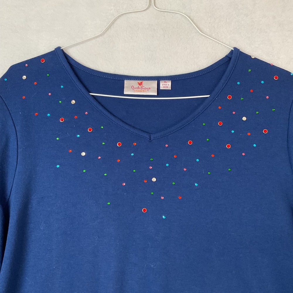 Quacker Factory Womens XL Blue Rhinestone V-Neck 3/4‎ Sleeve Knit Top